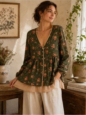 Anthropologie-Inspired Floral Babydoll Tunic Top XL Boho Prairie Layered Hem